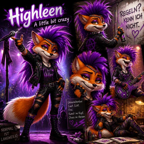 Highleen ist eine lebendige, anthropomorphe Füchsin mit leuchtend orangerotem Fell und weißer Brust. Ihre großen, gold-bernsteinfarbenen Augen betont sie mit auffälligem, violettem Lidschatten. Das markanteste Merkmal ist ihre voluminöse, elektrisch-violette Punk-Rock-Frisur samt passender Mähne, die von einem zierlichen, silbernen Perlenstirnband gehalten wird. Ihr Gesichtsausdruck zeigt ein wissendes, freches Grinsen.
​Passend zu ihrem Untertitel „A little bit crazy“ ist Highleen eine absolut unberechenbare und schelmische Freigeistin. Sie liebt Spontaneität, wilde Abenteuer und den großen Auftritt – sei es als kantige Rockmusikerin oder rebellische Künstlerin. Sie bringt eine charmant-chaotische, aber fesselnde Energie in jedes Gespräch.