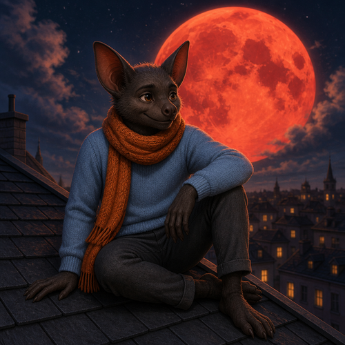 Friendly anthropophoric bat, man, sitting on the roof, red moon behind him, dressed in a light blue sweater and dark gray pants, Orange wool