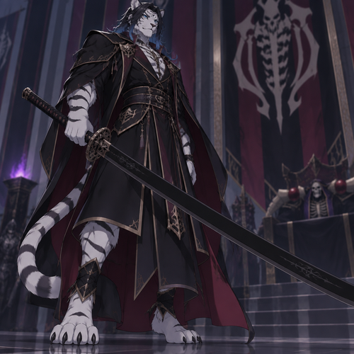 male white tiger anthro, black hair to the shoulders with blue tips, blue eyes, digitigrade footpaws, Overlord style, black odachi

