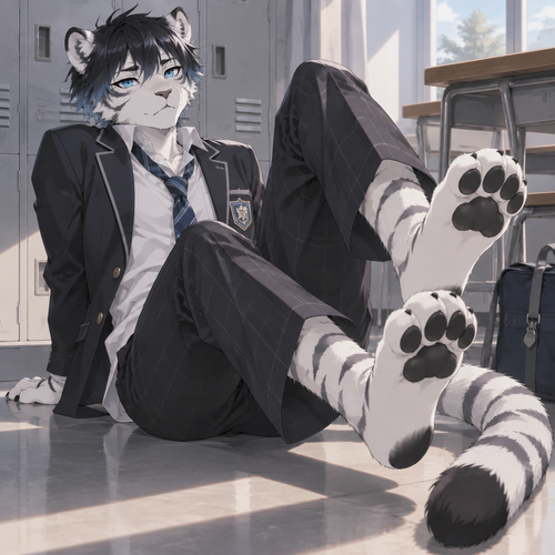 male white tiger,slim, high school, blue eyes, short black hair with blue tips, digitigrade feet, anime style, high schol uniform, feet in the air, leaning back on hands, four toes on each foot