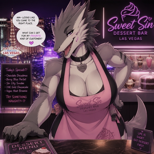 A busty female grownup tomboy Sergal that wears an apron and works at the dessert bar themed restaurant in Las Vegas. Flirty and tease. Front view. Animated version. Being friendly. Well-made. Meets a man and likes him.