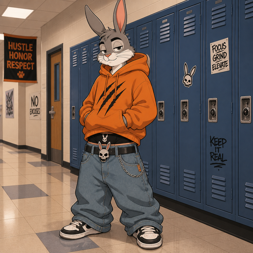 A young male grey and white rabbit wearing extremely loose jeans with a belt that has a rabbit skull design, black colored underwear that comes up above the jeans waistline, a oversized orange hoodie with a three slash mark design on the front. He is standing in front of a row of lockers in the hallway of a High school. Cartoon art style. Full body