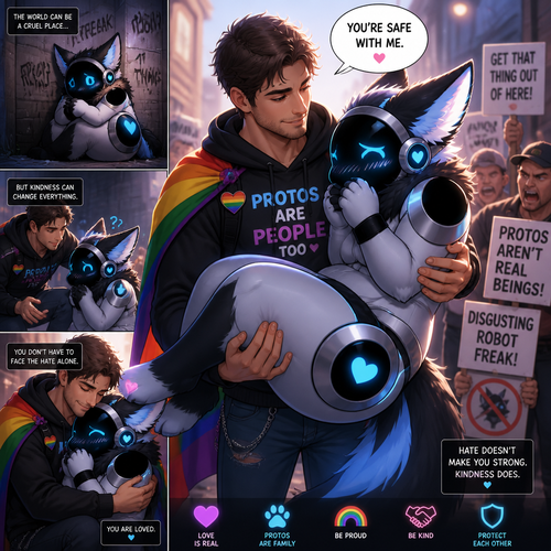 A shy (original character) thick Protogen who’s been carried by a friendly/loving Human male as a liberal and a Protogen lover who is saving from the haters. Well-made animated version.