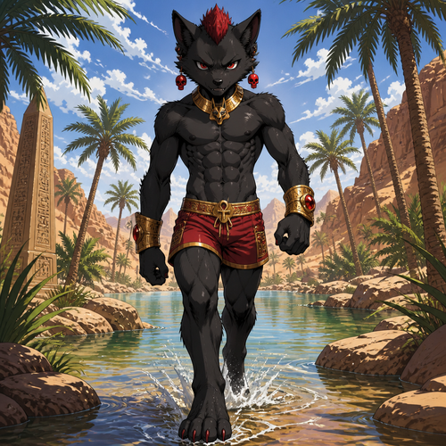 A middle school aged male black dire wolf wearing Egyptian inspired red short shorts, shirtless showing off 16 pack of abs, gold bracelets with ruby gemstones inlaid in them, gold choker with a Anubis design on it, ruby earrings that look like skulls, and short red mohawk. He is aggressively walking through a Oasis located in the desert. Anime art style, solo, full body.
