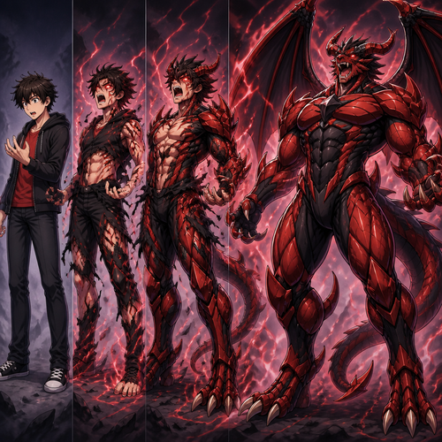 A teenage human male transforming into a male red and black dragonoid with bulging muscles. Anime art style, full body.