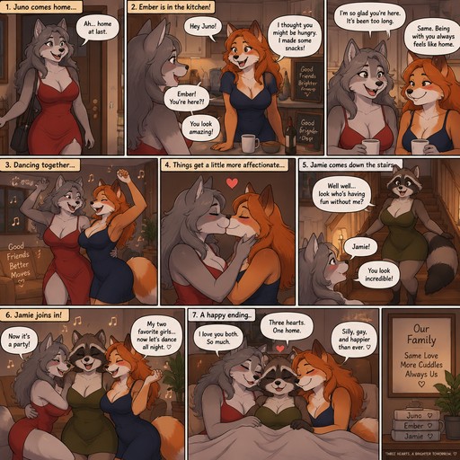 A multi panel comic about a busty female anthropomorphic wolf named Juno who is in a red dress and comes home to find her busty fox best friend Ember in a navy blue dress in her kitchen, after talking for a bit they start dancing together in the living room, after dancing for a while they kiss because they are both lesbian and are very goofy, after that Juno’s wife a busty female raccoon named Jamie comes down the stairs, Jamie’s reaction is to put on her olive green dress and dance with Juno and Ember, Im the end they have a three person marriage, animated style