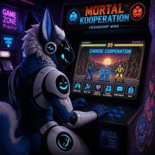 A well-made Protogen male character at an arcade playing a game called, Mortal Kooperation (the opposite of Mortal Kombat)