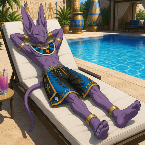 Beerus from Dragon Ball Super wearing loose Egyptian inspired swim trunks. He is sleeping on a pool chair. Solo, full body.