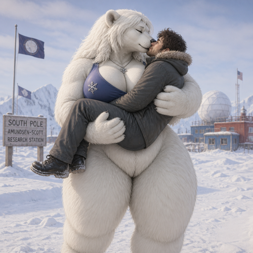 A busty well-made lovely anthro female polar bear that has thick thighs and thick fur who lives in a South Pole. Picks up a man and Giving him a gentle bear hug for warmth and a kiss while standing.