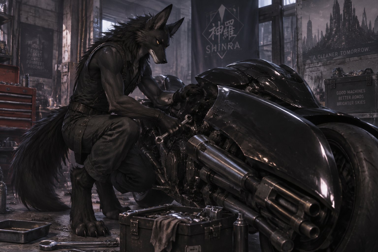 male, maned wolf, black fur, digitigrade feet, gold eyes, final fantasy advent children motorcycle, working on motorcycle