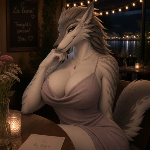 A well-made busty adult female Sergal that wears something comfortable as a dress while she’s on a date.