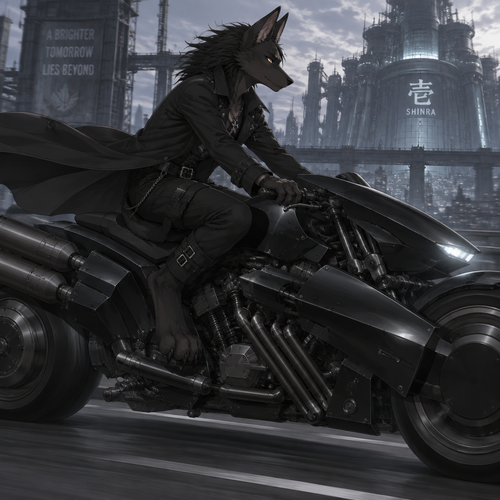 male, black fur, maned wolf, golden eyes, digitigrade footpaws, toned body,goth, wearing a trenchcoat, anime style, riding a black final fantasy advent children motorcycle, side view