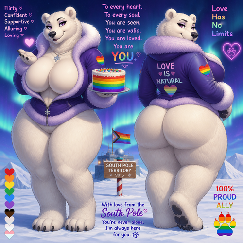 A busty well-made adult anthropomorphic polar bear female who lives in South Pole territory with a rainbow color ice cream cake on her paw. Has thick thighs and thick fur. Large looks. Front/back view. Calm and confident. Animated verse. Give a flirty look. Gives love and support sign to all LGBTQ+.