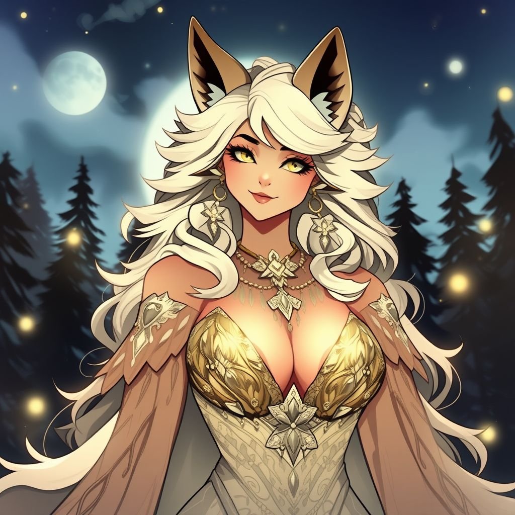 Wolfqueen with big cleavage and a list smile