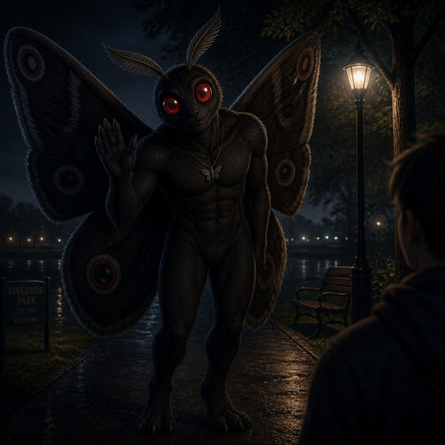 A friendly anthro Mothman that looks attractive and means no harm while spotted a human at night in a middle of a park.
