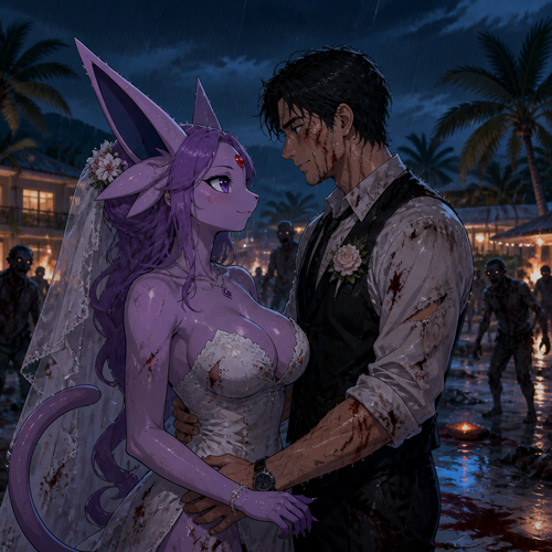 In this reality, at the wedding right before everything was perfect but then after the zombies came crashed and ruined the party became a blood bath. A busty adult female Espeon the bride and her adult human groom as husband and wife stand bye side together and face the living dead at night. A well-made animimated version. A modern life. On a tropical island resort. Gotten all wet by the rain. Love and support each other. Looking at each other with hope and still alive. Side view.