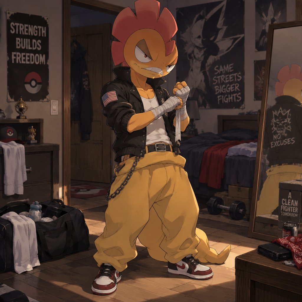 A male Scrafty wearing an American delinquent outfit. He is in his house, preparing for a street fight. Anime art style, solo, full body.