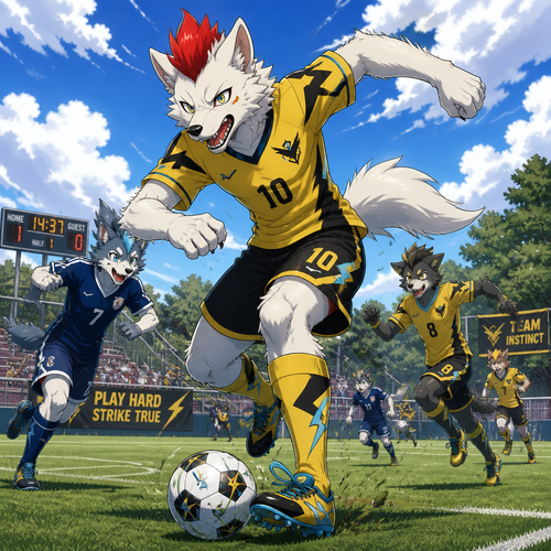 A high school aged male dire wolf wearing Zeraora themed soccer uniform, short red mohawk hairstyle. He is out on a soccer field during a partly cloudy day, playing aggressively in a game of soccer with his friends. Anime art style, full body.