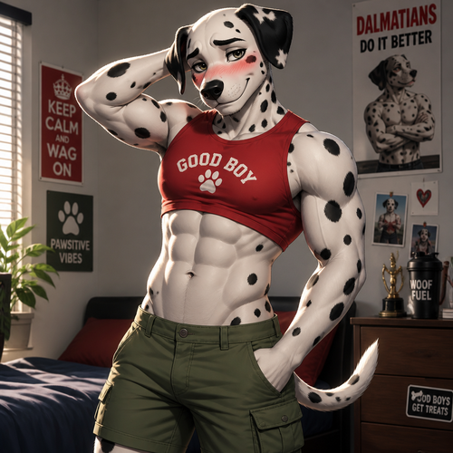 A handsome young male Dalmatian wearing green cargo shorts and a red crop top. Has a six pack abs, blushing while rubbing the back of his head.