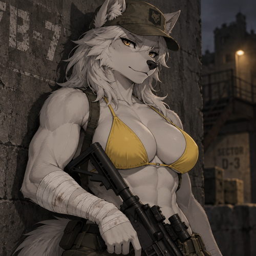 A high-quality 2D anime-style digital illustration of an anthropomorphic female wolf with an attractive, muscular physique—featuring strong biceps, a full bust, and defined abs—wearing a confident expression. She wears a weathered olive-drab military cap and a bright yellow bikini top. Her right arm is heavily wrapped in white bandages extending from the wrist to the mid-forearm, and she holds a black tactical rifle. She is leaning against a dark, textured concrete wall in a dimly lit urban setting. The composition is a half-body shot, focusing on her torso and face. The lighting is dramatic and directional, casting soft shadows and highlighting the contours of her silhouette. The color palette is dominated by muted earth tones, contrasting sharply with her white fur and the vibrant yellow of her swimwear. The atmosphere is rugged yet serene.