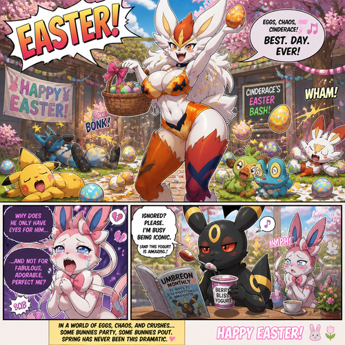 A busty well-made fluffy female Pokemon character, Cinderace. Who celebrates on today’s Easter Day and shouts, EASTER! And wrecking up a place like a crazy party girl while she knocked other Pokemon out on a floor by her throwing eggs but A cute but creepy but a gay male Sylveon just as sad and irritating about being ignored by a male Umbreon while eating a healthy yogurt distracted and appreciated. All well-made characters. A dramatic and a funny comedy show. Animated views. Spring season.