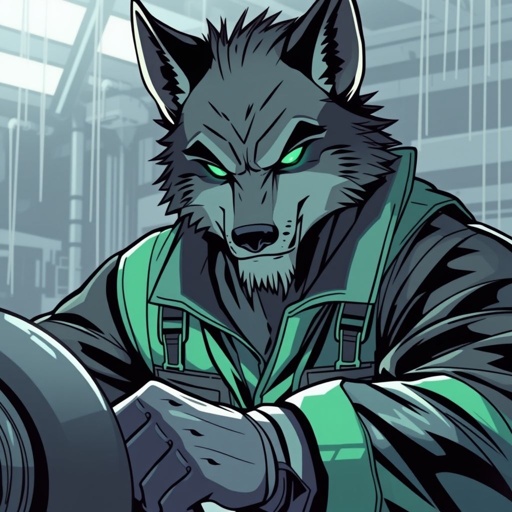 All black male wolf working on a race car with emerald green eyes