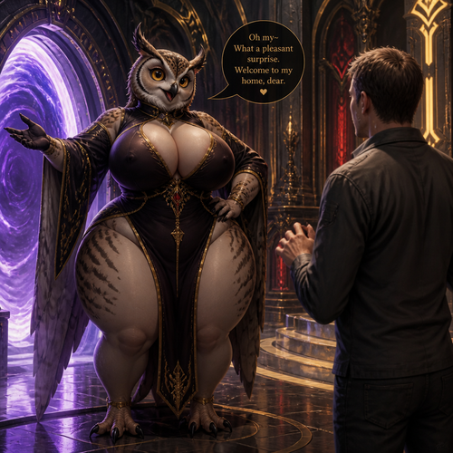 A well-made friendly grown adult female owl from hell and somewhere in the sci-fi palace that wears something and has thick thighs, wide hips, and has huge breasts who’s happily greeted a nervous grown human being that came from a portal.