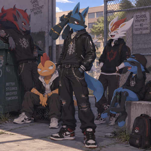 A high school aged male Lucario dressed as an American bad boy with gold piercings on his ear and aura feelers. He is hanging out with some friends behind the school. Anime art style, full body.