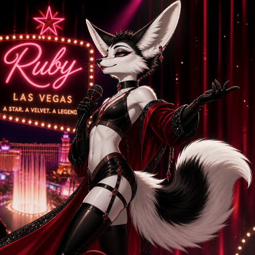 A well-made Black/white furred fennec Fox male named Ruby, wears something attractive for entertainment for a show by self to dance/sing. Wears eyeliner and lipstick. Has a bushy tail. A grown femboy anthro. A star in Las Vegas. Well groomed. Side view. Animated verse. Has good personality. Being a super velvet.