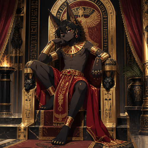 A middle school aged male anthropomorphic jackal wearing an red colored Egyptian prince outfit with gold bracers, ruby earrings, and obsidian rings but no shirt. He is sitting on a throne bored. Anime art style, full body.