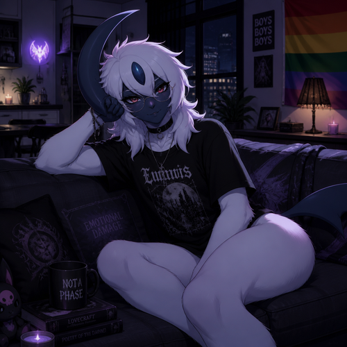 A well-made homosexual male Pokemon character, Absol. who lives in an apartment. A dreamy gothic roommate. Wears eyeliner and glasses. Gay and friendly. Has thin thighs and a round buttocks. Pride flag on a corner. A wonderful night. On a sofa.