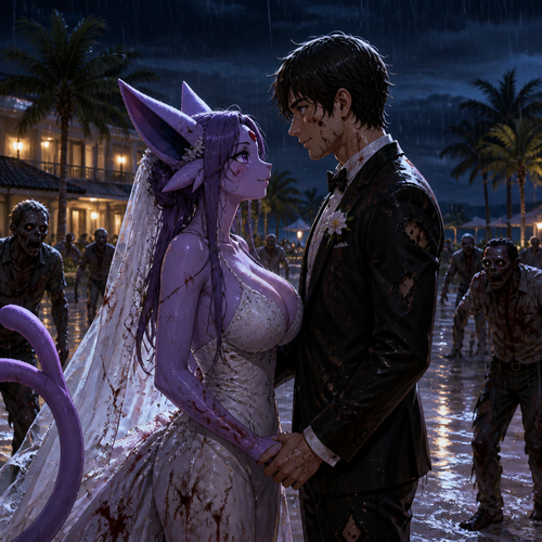 In this reality, at the wedding right before everything was perfect but then after the zombies came crashed and ruined the party became a blood bath. A busty adult female Espeon the bride and her adult human groom as husband and wife stand bye side together and face the living dead at night. A well-made animimated version. A modern life. On a tropical island resort. Gotten all wet by the rain. Love and support each other. Looking at each other with hope and still alive. Side view. 