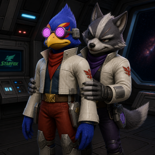 Falco Lombardi standing up straight in his normal uniform. The only non normal part of his clothing is the active hypnosis glasses he is wearing that are hypnotizing him. Behind him smirking also wearing his regular uniform is Wolf O’Donnell. Wolf is rubbing his hands up and down Falcon’s arms.