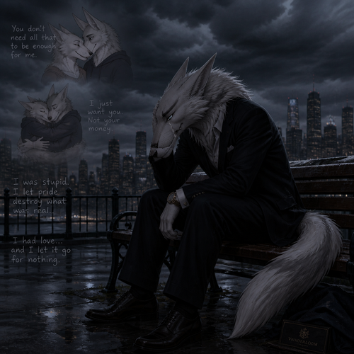 A shameful billionaire male Sergal just lost his non-rich male Sergal boyfriend and remembers how he regretted about losing him before breakup their relationship not too long ago while sitting on a bench alone outside of a dark clouds in a city.