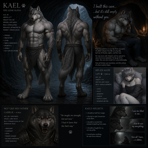 The well-made big and buff alpha male grey wolf tribe at front/rear view who lives in a cave all alone with no pack and misses his ex-mate (a grown male femboy fuzzy omega grey wolf tribe) sadly depressed and have regrets also is nothing like his arrogant father the alpha.