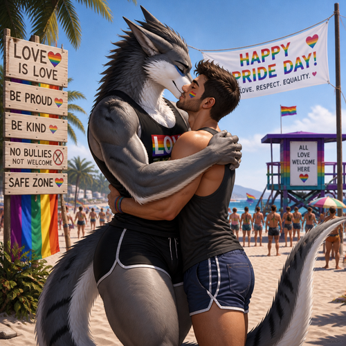 A well-made homosexual gay Sergal (male character) that wears tank-top and shorts that also has thick thighs and long tail is hugging and kissing a man on pride day where no any bully that bullies are not welcomed on a safe zone of a beach.