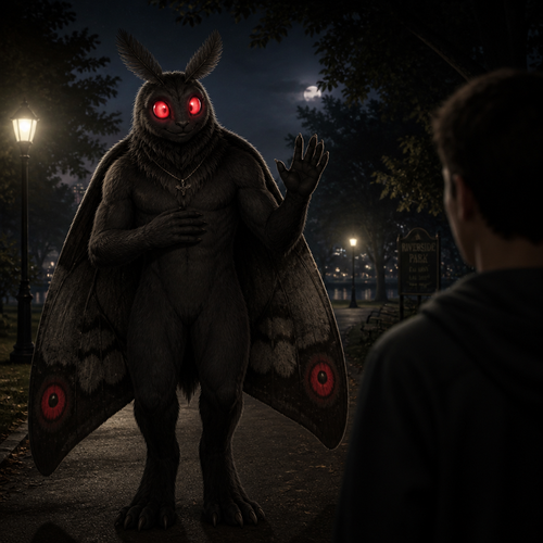 A friendly anthro fuzzy Mothman that looks attractive and means no harm while spotted a human at night in a middle of a park.