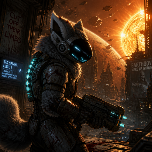 A thick fluffy Protogen in Dead Space 2 with a plasma cutter for self defense and fighting for survival in a city in space, close to the planet and near the sun. 