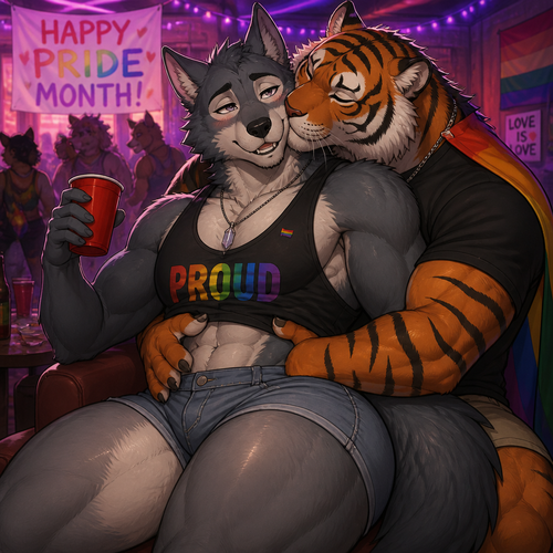Legoshi the grown Wolf is celebrating at today’s pride month at the college party. Has thick thighs and big butt. Wears shorts and a necklace. Being cuddled by Bill the tiger. Getting some kisses in a cheek. 