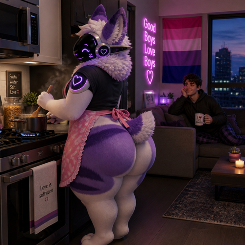 A homosexual fluffy gay Protogen who lives in a modern apartment with his human and waiting while cooking some pasta dinner. Has thick thighs, wide hips, big butt, and has short tail also wears an apron.