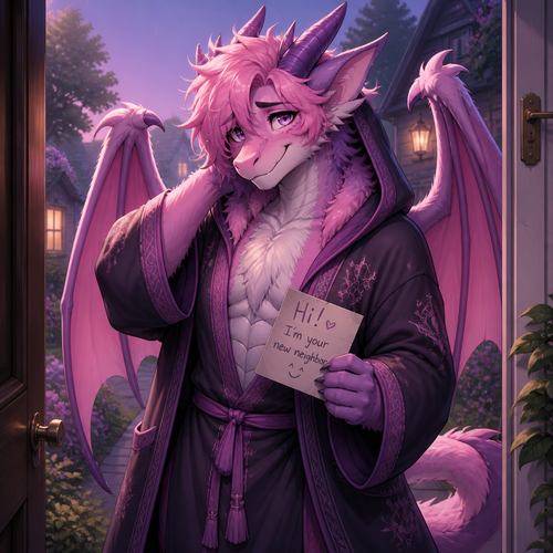A friendly shy immortal alike femboy grown male character (well-made) anthro lung Dragon with pink & purple fur that wears a robe with a hoodie who came to say hi as a friendly neighbor.