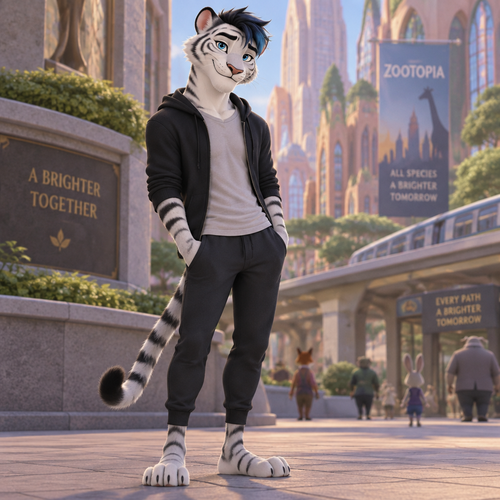 male white tiger,slim,  , blue eyes, short black hair with blue tips, no shoes, zootopia style, 