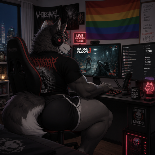 A well-made homosexual gay male Wolf with thick thighs, fluffy, and buttocks. Playing a game on PC “Killing floor 2/3” and listening to heavy music and earn views. Back/side view. Lives in an apartment. Animated version. Pride flag on a wall.