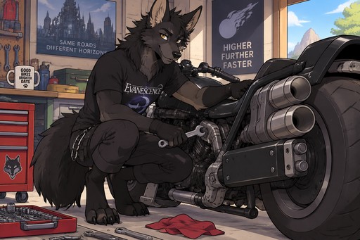 male, maned wolf, black fur, Gold eyes, digitigrade footpaws, black Evanescence shirt, black pants, fingerless black gloves, chest fluff sticking out of neck of shirt, working on Cloud Strife style motorcycle