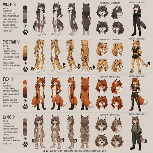 A female teenage wolf cheetah fox and lynx, reference sheet, animated version 