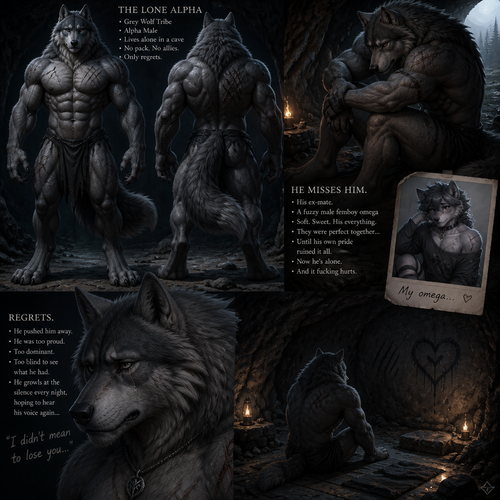 The well-made big and buff alpha male grey wolf tribe at front/rear view who lives in a cave all alone with no pack and misses his ex-mate (a grown fuzzy male femboy omega grey wolf tribe) sadly depressed and have regrets.