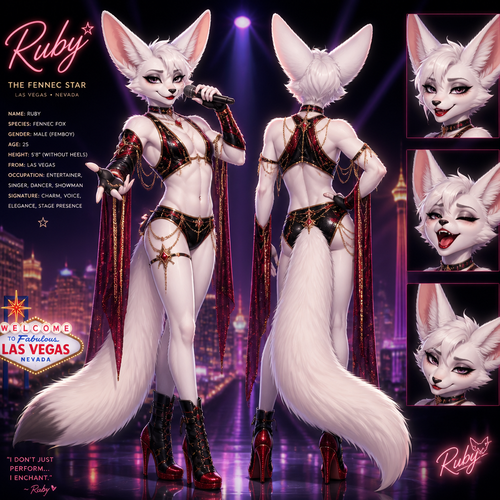 A well-made white furred fennec Fox male named Ruby, wears something attractive for entertainment for a show by self to dance/sing. Wears eyeliner and lipstick. Has a bushy tail. A grown femboy anthro. A star in Las Vegas. Well groomed. Front/back view. Animated verse.