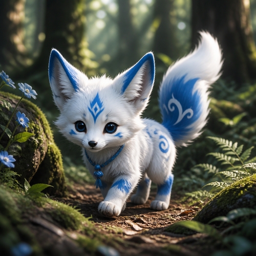 a blue and white kemeno fox roaming the woods very cute and small.