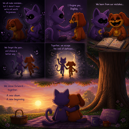 In a smiling critters verse, Catnap forgives DogDay, spending time together, learn from mistakes and forget, Escape the void of darkness, sits down on a blanket by the tree, and at the dawn shown.