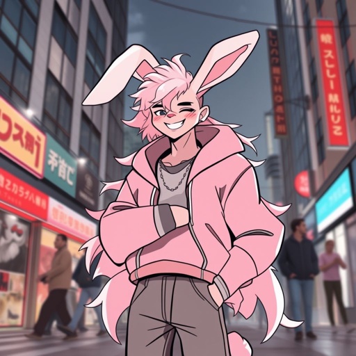 Male painted bunny pink and light pink fur has a casual hoodie, jeans, he had long and puffy hair,gay,fursona